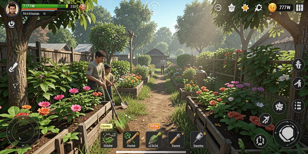 Gameplay seru berkebun di 7777W dengan berbagai tanaman.