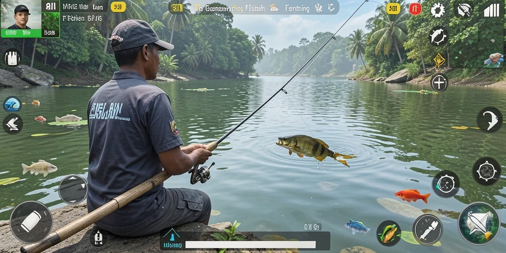 Screenshot gameplay 8II dengan ikan yang sedang ditangkap.