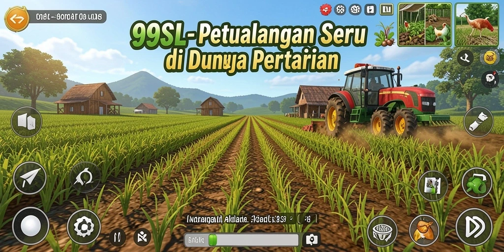 Screenshot gameplay <strong>99SL</strong> menampilkan ladang subur dengan tanaman beragam dan hewan ternak yang ceria.