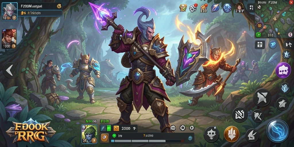 Tangkapan layar utama F200M menampilkan aksi pertarungan seru dalam dunia RPG.
