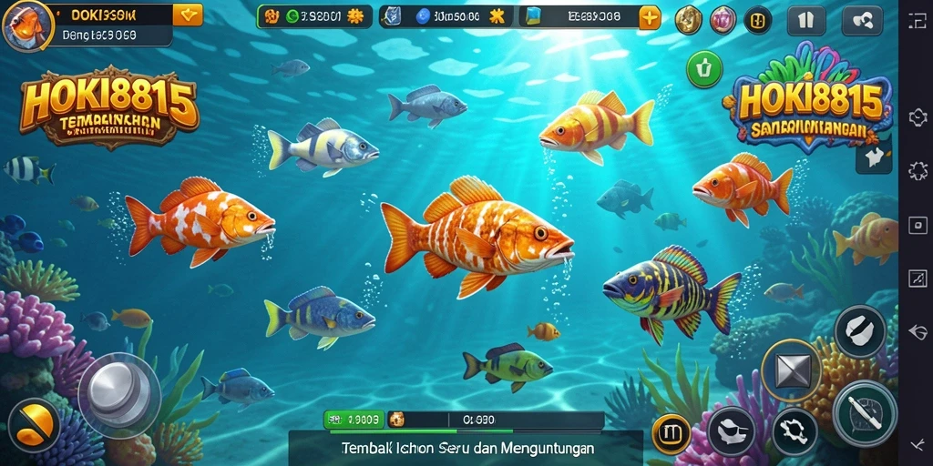 Screenshot menunjukkan momen seru bermain HOKI8815 dengan ikan berwarna-warni.