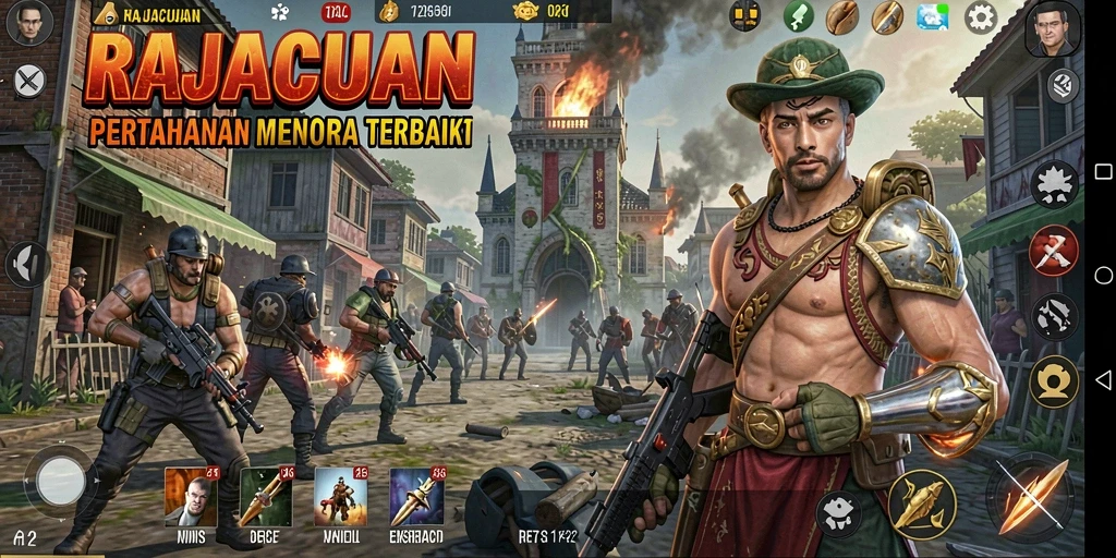 Tangkapan layar game Tower Defense RAJACUAN yang menampilkan strategi pertahanan menara.